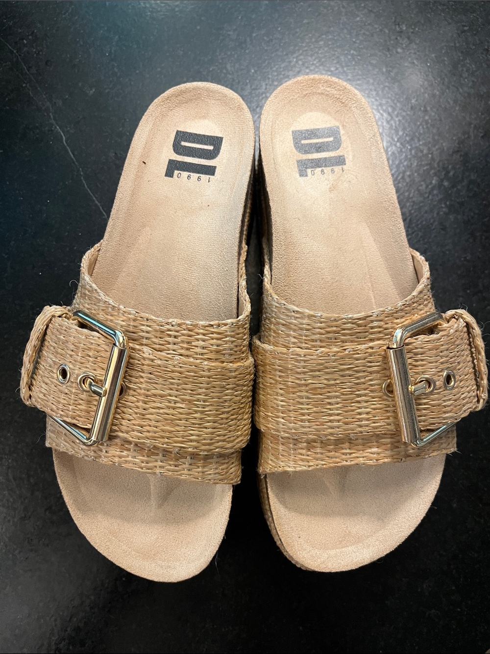 Dirty Laundry Tan Woven Buckle Slide Sandals